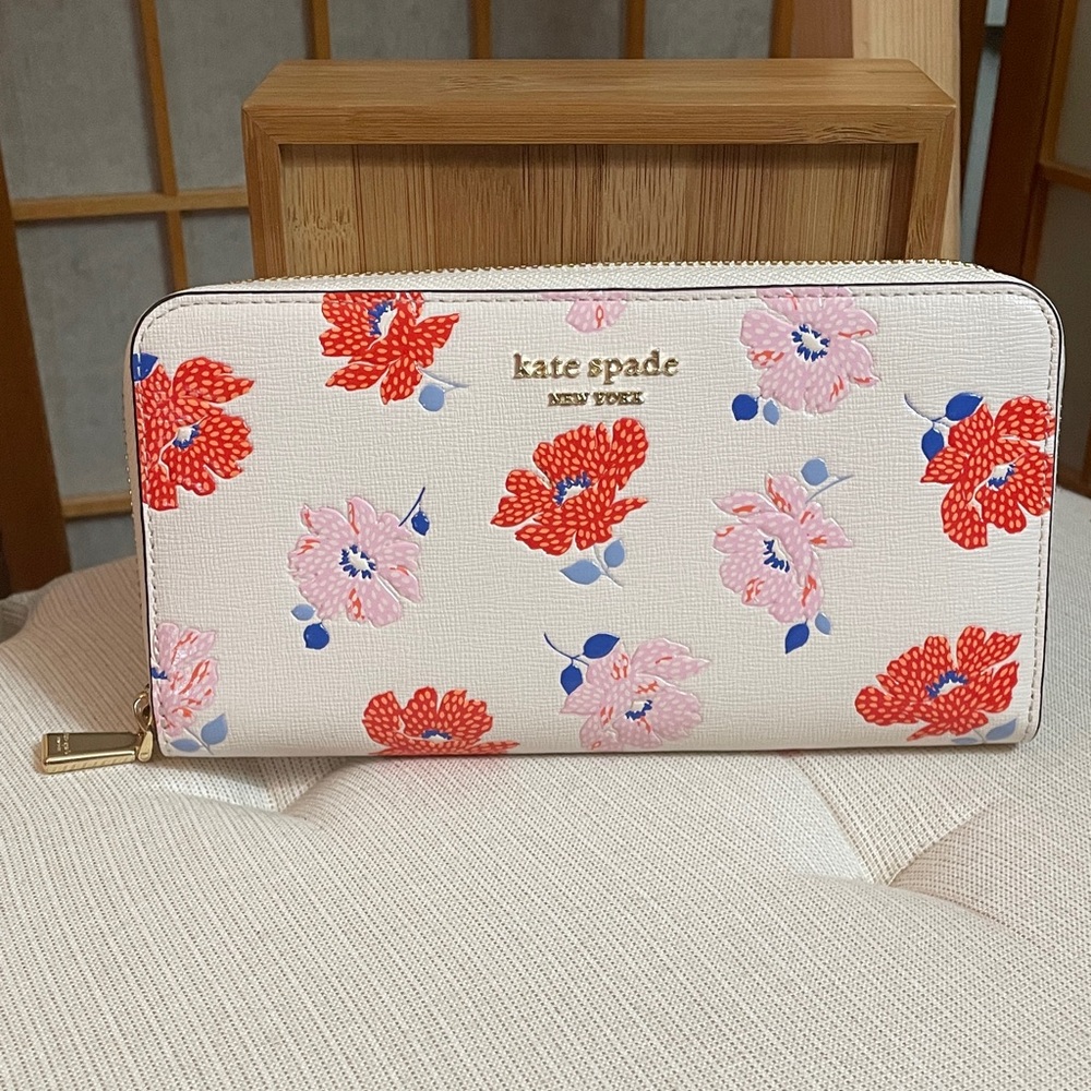 Morgan Dotty Floral Embossed Saffiano Leather Zip Around Continental Wallet